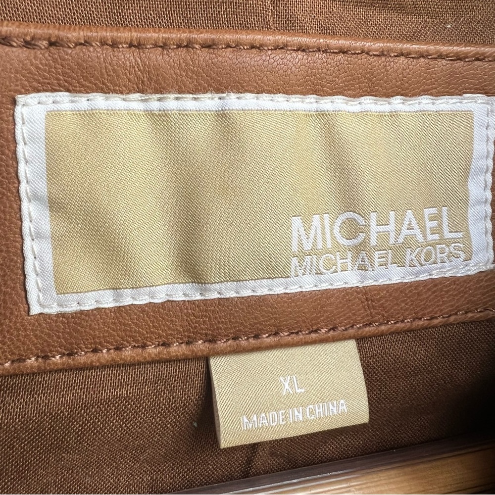 Michael Kors Women’s Brown Leather Hooded Moto Full Zip Jacket, XL - Picture 6 of 10